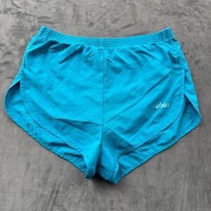 Asics Vintage Running Shorts Teal Blue Split Leg Made in USA Mens Small